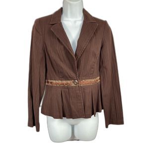 Vintage Soulmates Brown Blazer SZ M Button Front Sequin & Ribbon Accents Pleated